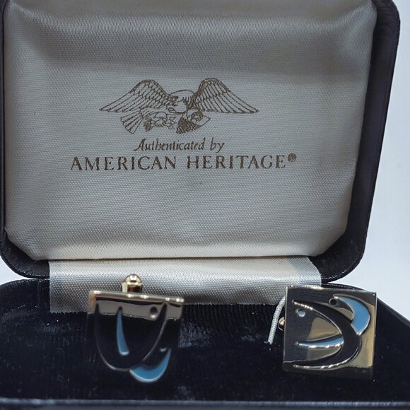 Mens Cufflinks Speidel Goldtone Blue & Black Enamel Vintage Circa 1980's - Picture 2 of 7